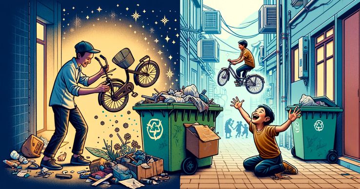 an illustration where there is a man, on the left, throwing out an old bike, and on the right is a child marveling at that same bike, restored