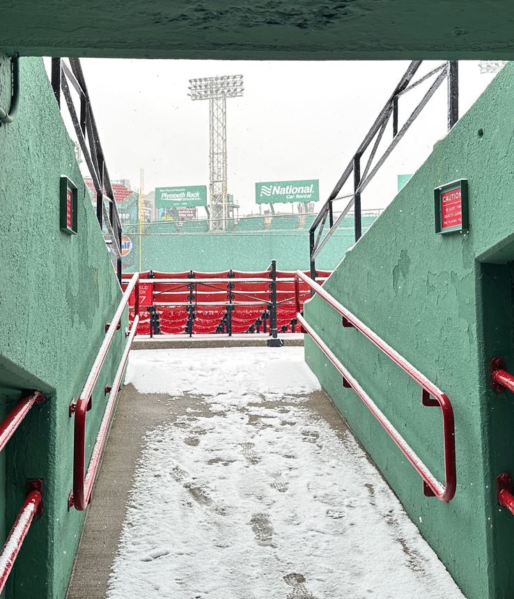 Entrance into Fenway, dusted with snow, the park in the distance